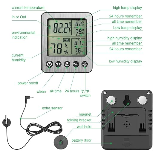 Digital Refrigerator Freezer Fridge Thermometer with Extra Sensor Digital Hygrometer max and min Before 24 Hours and All time Remember Reptile Tank Thermometer Hygrometer White zz20