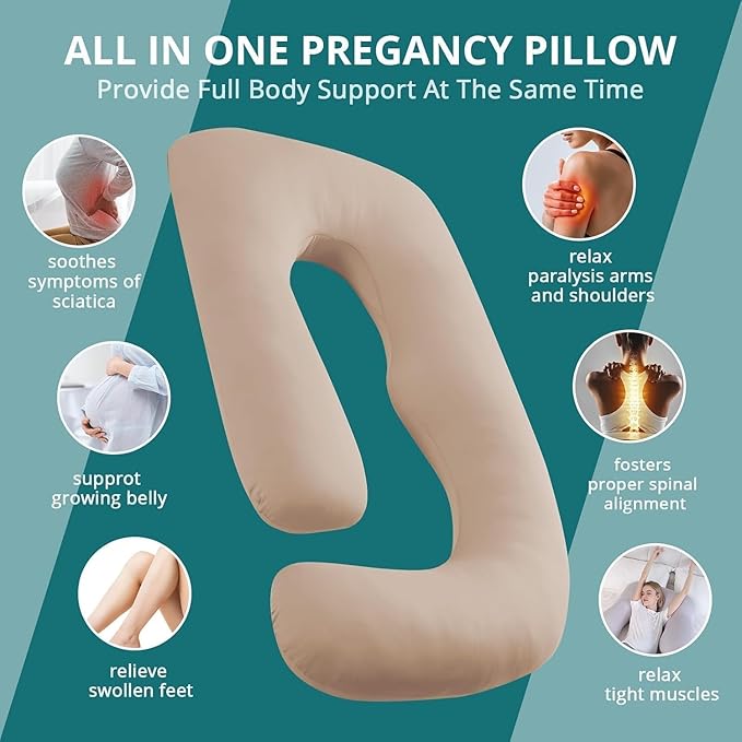 Sasttie Pregnancy Pillows for Sleeping, Jumbo U Shaped Cooling Full Body Pillow with Removable Cover, Pregnant Women Must Haves, Maternity Essential, Beige
