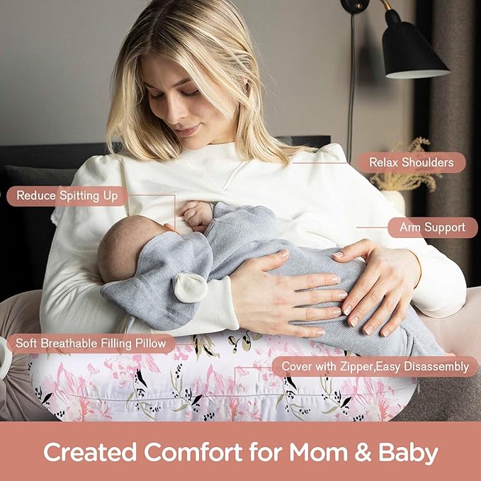 Nursing Pillow, Breast Feeding Pillows for Mom, Rose Floral Print Soft Cover with Breathable Filling, Infant Feeding Support Pillow for 0-12 Months, Multifunctional Support Cushion for Travel