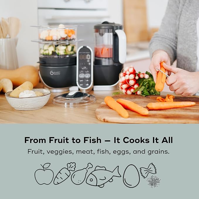 Babymoov Duo Meal Station Grey: Multi-Speed Baby Food Maker Steamer and Puree Blender, Baby Food Processor that warms & defrosts (Nutritionist Approved)