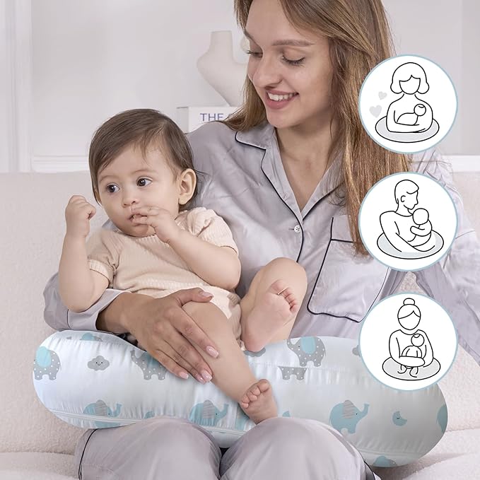 Little Grape Land New Nursing Pillow for Breastfeeding, Larger Breast Feeding Pillow and Positioner with Removable Cover for More Support, Tummy Time and Bottle Feeding Support Pillow, Blue Elephant
