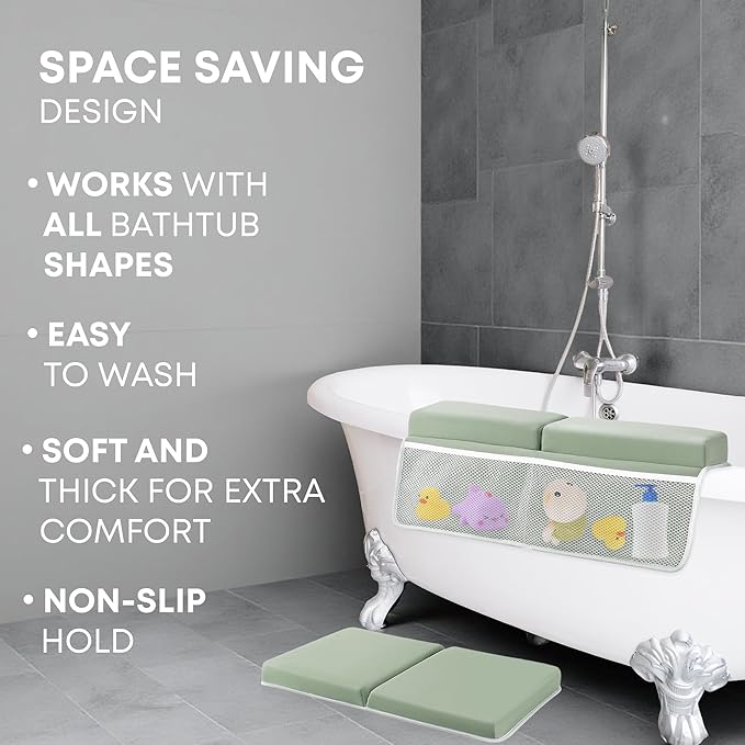 Comfortable Baby Bath Kneeler & Elbow Rest Pad Set – Extra Thick Foam Cushion with Toy Organizer – Non-Slip, Quick Dry Support for Infant & Toddler Bath Time