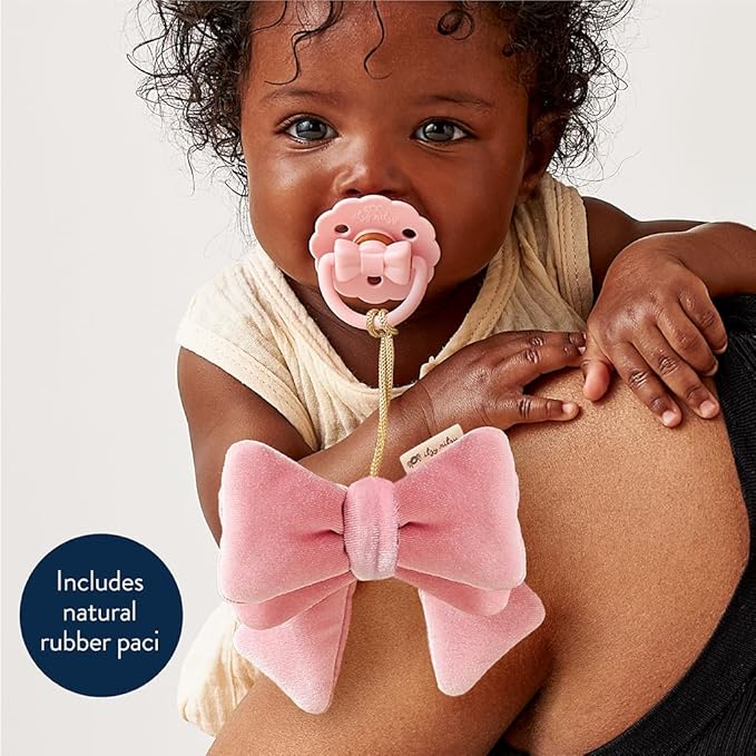 Itzy Ritzy Pacifier & Lovey Set - Natural Rubber Paci with Stuffed Animal Lovey - Detachable Velour Bow Pacifier Holder & Coordinating Natural Rubber Soother, Ideal for Ages 0-6 Months (Bow)