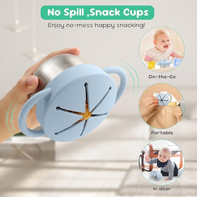 1 Pack Snack Containers for Toddlers, 3-in-1 Stainless Steel Toddler Snack Cups with Removable Silicone Food Catcher & Travel Lids, No-Spill Snack Container for Baby Self-feeding
