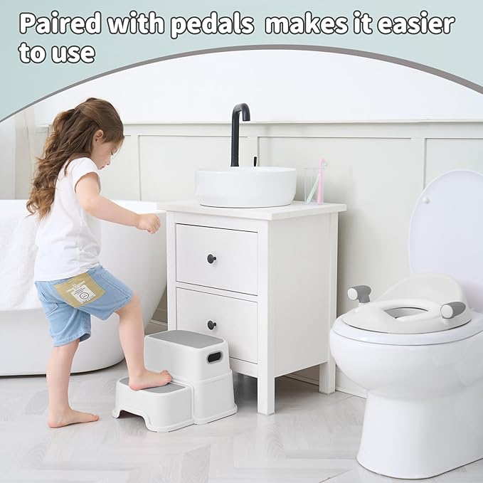 Potty Training Toilet Seat with Kids Step Stool Anti-Slip Toddler Seat, Soft Cushion, Baby Potty Training Set for Boys & Girls (Grey)