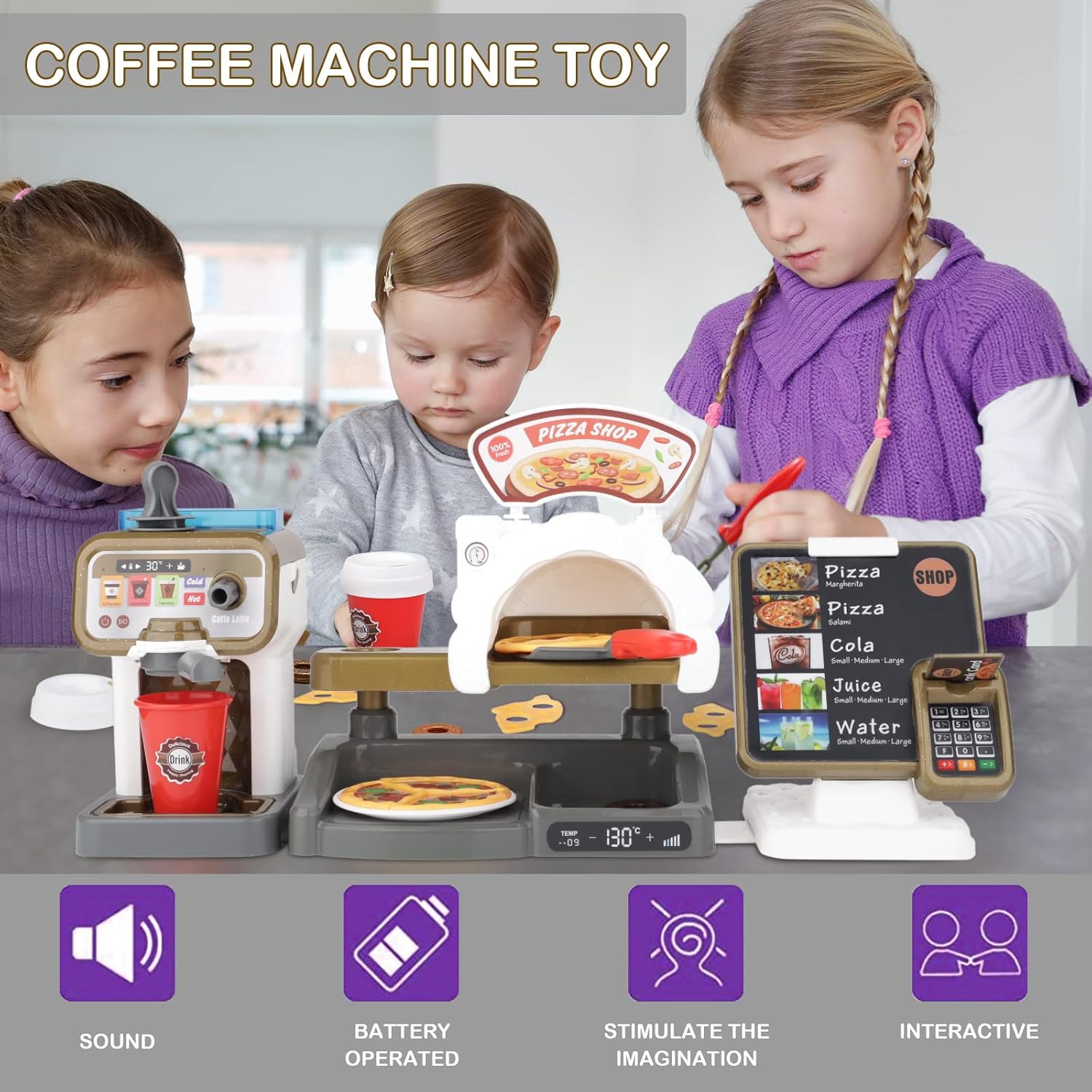 deAO Pretend Play Store Coffee Playset Kids Coffee Maker Play Set Pizzas Shop with Cash Register Toy Kitchen Playset Accessories Gifts for Toddlers Boys Girls