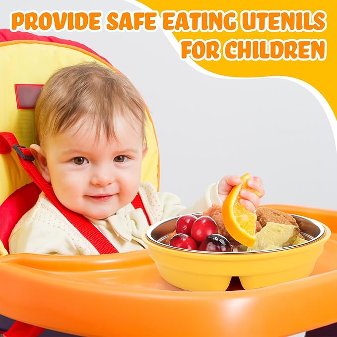 Nuogo 3 Pcs Stainless Steel Baby Suction Plates with Removable Silicone Shell 2-in-1 Metal Toddler Bowl Divided for Picky Eaters Kid Feeding Led Weaning Supply, Dishwasher Safe (Yellow,Blue,Green)