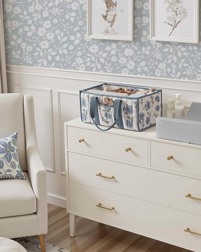 Blissful Diary Floral Diaper Caddy Organizer, Stylish Nursery Storage Basket, Gift for Baby Shower, Newborn Essentials, Peony Blue