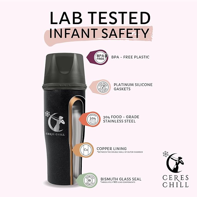 CERES CHILL Mini Breastmilk Chiller Demigoddess, Up to 12 oz. Reusable Storage Container, Keeps Milk at Safe Temperatures for Up to 16 Hours, Bottle Cooler, Connects w/Most Pumps (Shimmering Black)