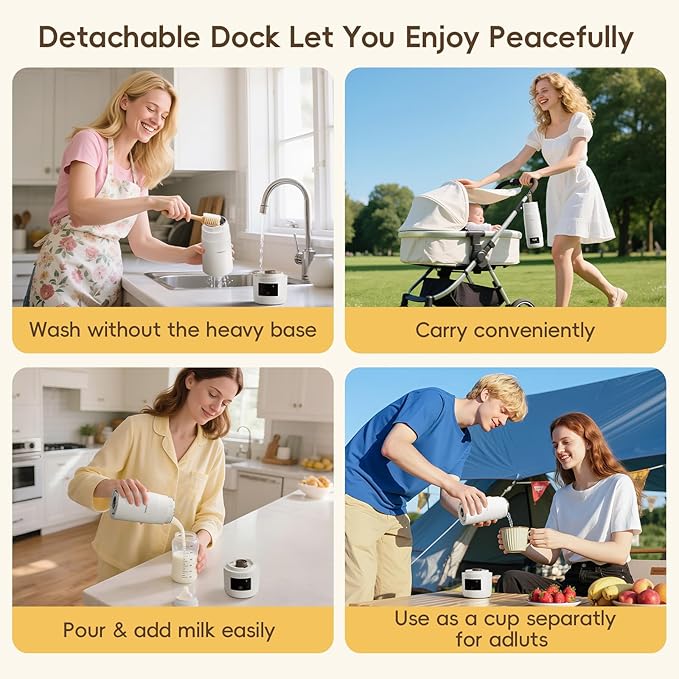 Portable Milk Warmer for Travel, Detachable Bottle Warmer for Breastmilk Formula Water, Boiling Function & Fast Heating, Rechargeable, Healthy for Baby on Journey, Car, Airplane