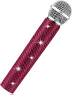 Sanwuta Fake Microphone Prop Sparkly Bling Rhinestones Plastic Play Microphone Pretend Glitter Bedazzled Mic for Cosplay Party Costume(Dark Pink)