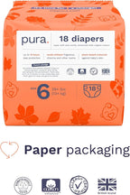 Pura Size 6 Eco-Friendly Diapers (29+ lbs) Hypoallergenic, Soft Organic Cotton, Sustainable, up to 12 Hours Leak Protection, Allergy UK, Recyclable Paper Packaging, 18 Count (Pack of 3) (54 Diapers)