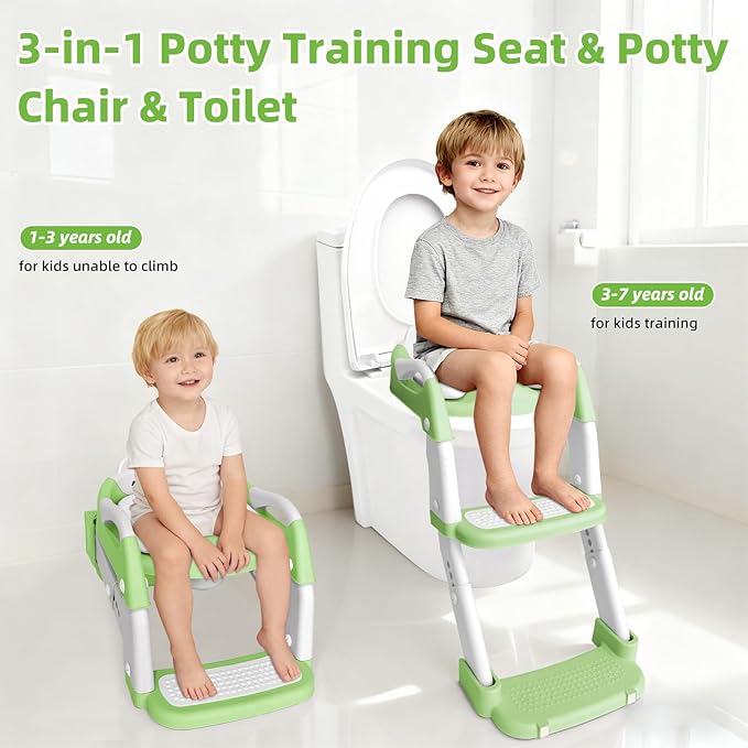 Potty Training Seat, Upgrade Toddler Toilet Seat for Kids Boys Girls, 3 in 1 Potty Training Toilet with Step Stool Ladder-Non Slip Foldable (Green+White)