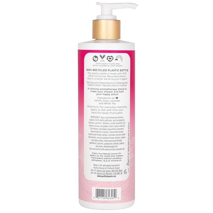 Pacifica Island Vanilla Body Wash Aloe + Hyaluronic Acid, Daily Cleansing, Bath & Shower Gel, Essential Oils, Clean, Vegan + Cruelty & Paraben Free, Clean Beauty Vegan Dermatologist Tested, 12 Fl Oz