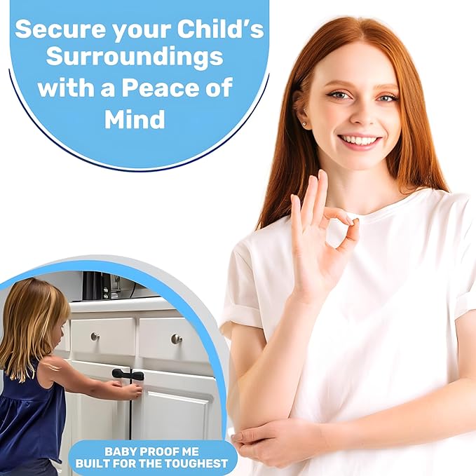 3M Adhesive Child Safety Strap Locks by Baby Proof Me, Baby Latches for Cabinets, Dishwashers, Fridges, Ovens and Trash Cans, Stain Free Toilet Lock (Black, 24 Safety Latches)