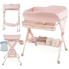 INFANS Baby Changing Table with Wheels, Portable Folding Diaper Station Nursery Organizer with Storage Basket, Hanging Rack, Adjustable Height, Safety Belt for Newborn Infant (Light Pink)