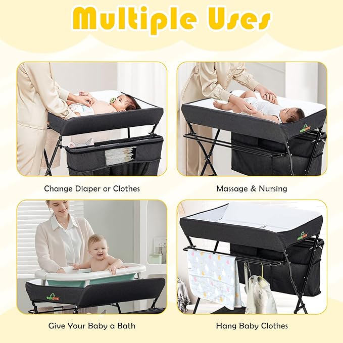 Costzon Baby Changing Table, Adjustable Height Portable Diaper Station w/Lockable Wheels, Safety Belt, Large Storage Rack & Bag, Folding Nursery Station for Infant Newborn (Black)