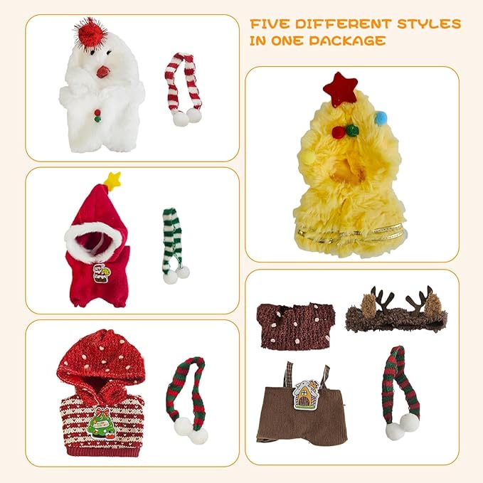 5 Complete Style Clothes Sets for 17cm Dolls - Hat & Overalls Dress Up Outfit for 17cm 15cm Dolls,Designer Outfits Bundle with Luxury/Cute/Sporty Themes, Gift for Doll Lovers (Christmas, 17cm/15cm)