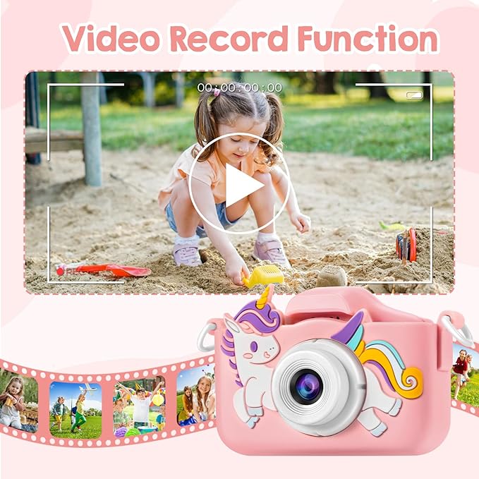 Kids Camera, Toys for Toddlers Age 3-8 Year Old Girl Christmas Birthday Gifts, Children Digital Camera with Cartoon Soft Silicone Cover and 32GB Card (Sakura Pink)