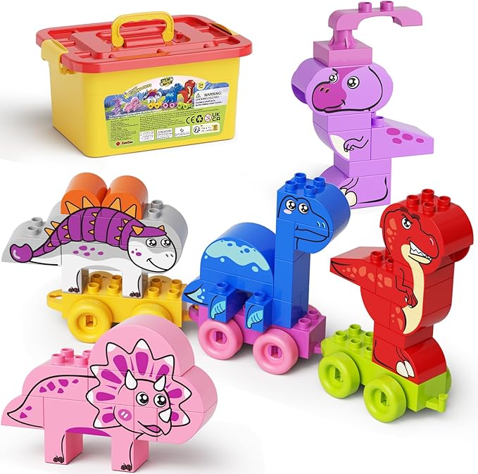 Train Building Block Set Dinosaurs Educational Toy STEM Learning for Toddlers Preschool Ages 3+Girls Boys, Creative Nature Toy Activity Playset with Storage Bucket Birthday Gift Ideas