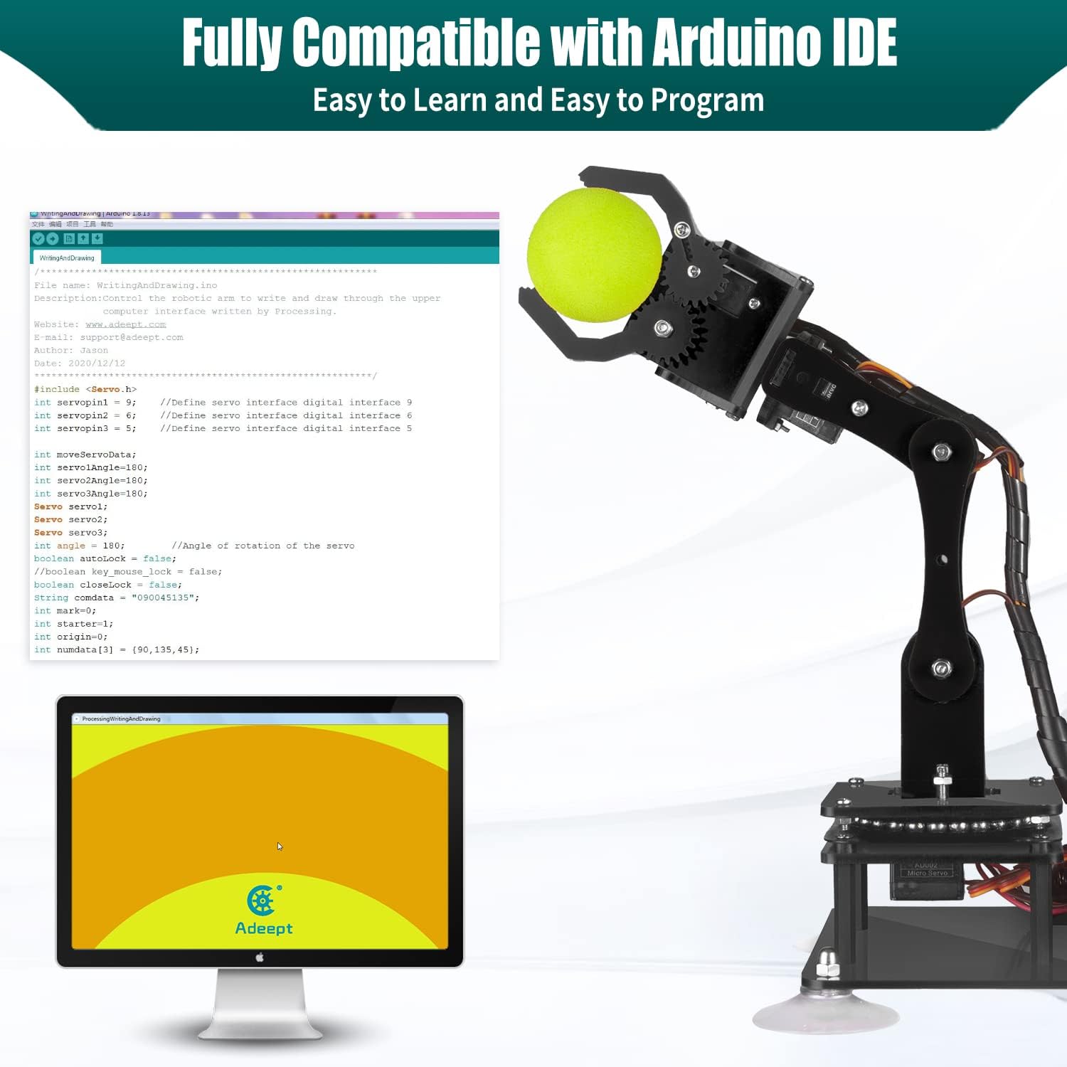 Adeept 5DOF Robotic Arm Kit Compatible with Arduino IDE, Programmable DIY Coding STEM Educational 5 Axis Build Robot Arm, Robot Starter Kit with OLED Display Processing Code and Tutorials - Blue