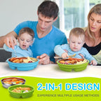 Nuogo 2 Pcs Stainless Steel Baby Suction Plates with Removable Silicone Shell 2-in-1 Metal Toddler Bowl Divided for Picky Eaters Kids Feeding Led Weaning Supplies, Dishwasher Safe (Green, Blue)
