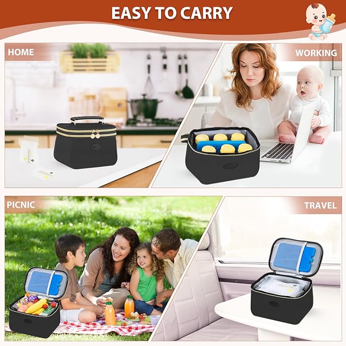 PIIOSER Breast Milk Cooler Bag with 2 Ice Pack, Fit 6 Freezer Breastmilk Storage Bags Up to 8Oz, Insulated Baby Bottles Tote Bag for Daycare and Breastfeeding Mom, Black