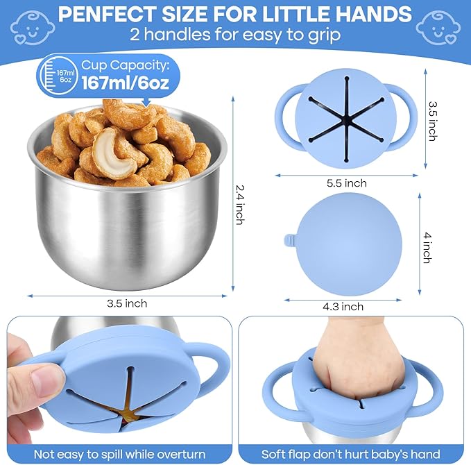 2-Pack Stainless Steel Snack Cup for Toddlers Spill-Proof, Baby Food Containers with Removable Silicone Lids & Handles | Dishwasher Safe, BPA-Free On-the-Go Kids Snack Containers Box
