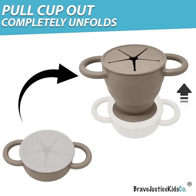 BraveJusticeKidsCo | Snack Attack II Snack Cup | Collapsible Silicone Snack Container | Toddler and Baby Snack Catcher Lid (Fog)