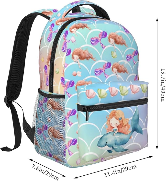 Girls Mermaid & Whale Print School Backpack, Cute Ocean-Themed Book Bag for Kids Girls Boys, Waterproof Lightweight Ergonomics Backpack for Age 3-12, Ideal for School & Outdoor Activities