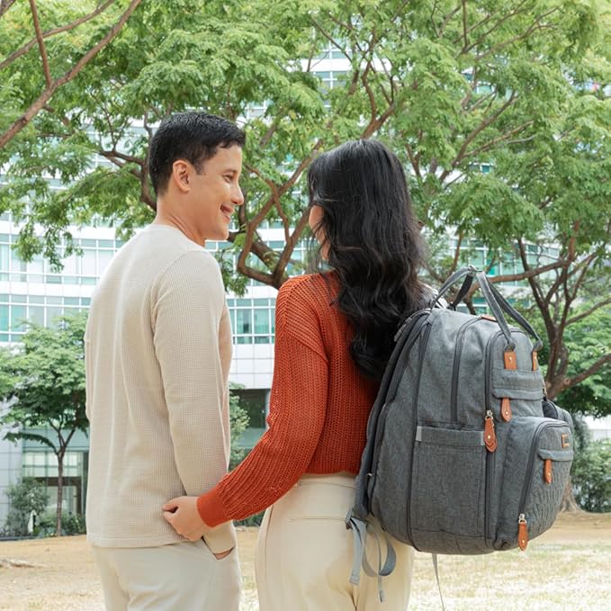 BabbleRoo Extra Large Diaper Bag Backpack, Expandable Baby Bag with Up to 50% More Capacity - Travel Essentials Baby Bag Tote with Changing Pad, Stroller Straps & Pacifier Case - Unisex, Light Gray