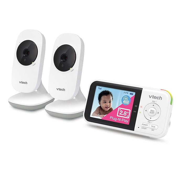 VTech VM819-2 Baby Monitor, 2.8” Screen, 2 Cameras, 1000ft Range, Night Vision, 2-Way Audio, Temperature Sensor, Lullabies, Secured Transmission No WiFi