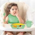 100% Silicone Baby Feeding Set,BPA Free Baby Dishes Set with Suction Bowl Divided Plate,Toddler Self Feeding Dish Set with Spoons Forks Sippy Cup and Bib, Baby Eating Utensils (Neon Green)