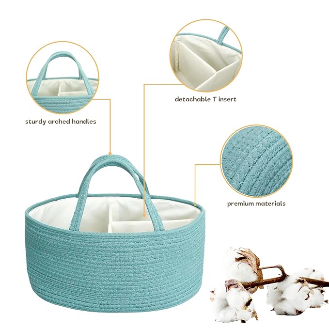 Baby Diaper Caddy Organizer, Extra Large Cotton Rope Nursery Diaper Basket, Changing Table Organizer, Portable Tote Bag with Divider, Car Storage, Baby Shower Gifts for Newborn Girls - Lake Blue
