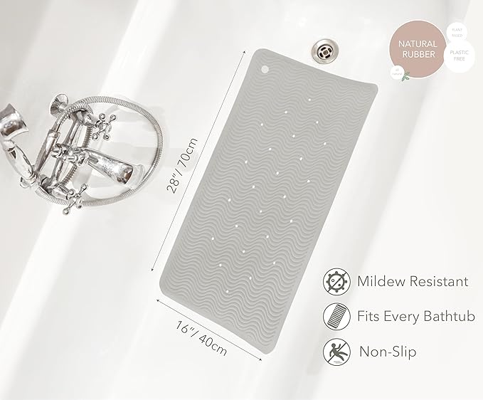 HEVEA Natural Rubber Wave Bath Mat – Long 28 × 16 in - Non-Slip Shower & Bathtub Mat with 388 Suction Cups, Plastic-Free & Biodegradable (Granite)