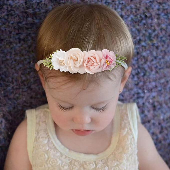 Baby Girl Nylon Headbands Flower Hair Bows Accessories-Elastic Hair Band Crown Handmade FLoral Wraps Birthday Gifts for Girls Newborn Infant Toddler 3Pcs