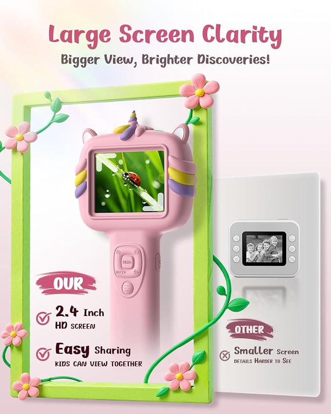 Microscope Camera for Kids Gifts Toys- Handheld Pocket Microscopes with 2.4" Screen and Autofocus - Mini Digital Educational Science Kit for Christmas Birthday for Age 3-5 5-7 8-12 Girls Boys(Pink)