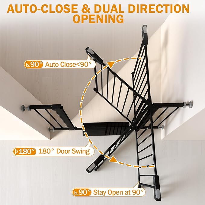 Baby Gate for Stairs, 29.7-43" Auto Close Dog Gate for Doorways & Hallways, Pressure Mounted Pet Gate with Walk Thru Door, Easy Install Safety Gate for Children & Pets, No Drilling, Dual-Lock Design