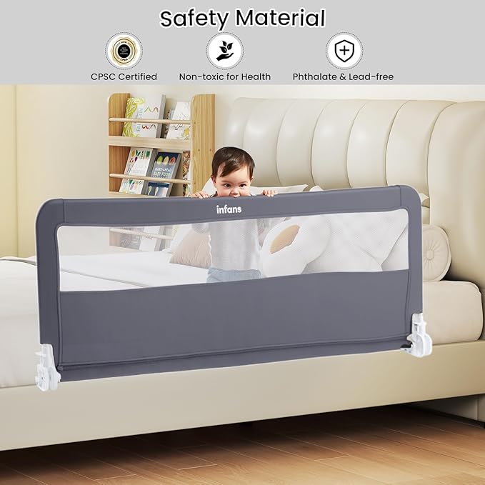 INFANS Bed Rail for Toddlers, 59" Foldable Safety Baby Crib Rail Fit for Kids Twin, Extra Long Swing Down Bed Guardrail for Convertible Crib, Queen, Full, King Mattress Side Guard (Gray)