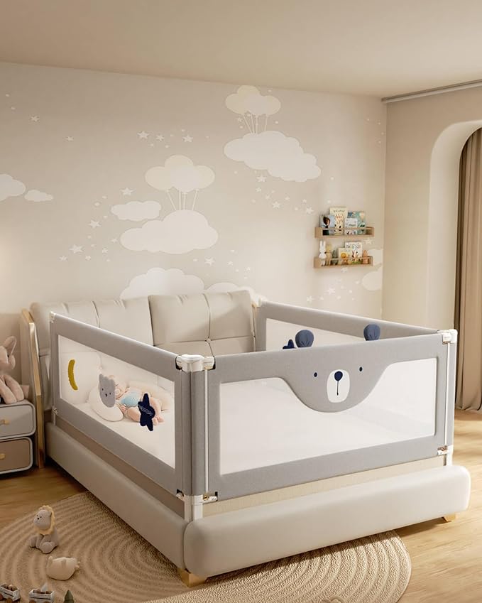3 Piece Bed Rails for Queen Bed, No-Drill Needed Baby Bed Rail Guard for Toddlers with Height Adjustable, Thickened Child Safety Side Railing Guards/Bedrail for Kids, Grey Bear Design, 60x78.7x78.7in
