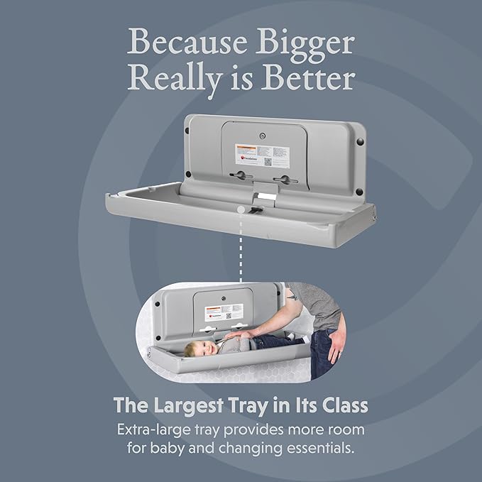 Foundations Ultra Horizontal Wall Mounted Baby Diaper Changing Station, Oversized Changing Surface, Plastic with Heavy Duty Stainless Steel Hinge - Gray (200-EH-01)