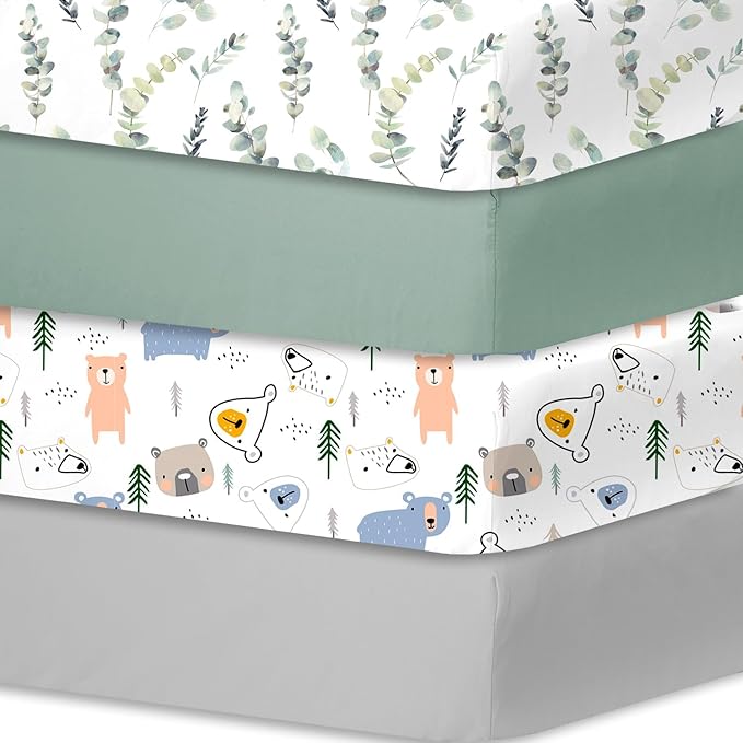 Bimocosy Crib Sheets for Boys Girls, Fitted Crib Sheet 4 Pack for Standard Crib and Toddler Mattresses, Super Soft Breathable Microfiber Baby Sheet 28x52x8in, Leaf/Bear/Gray/Green