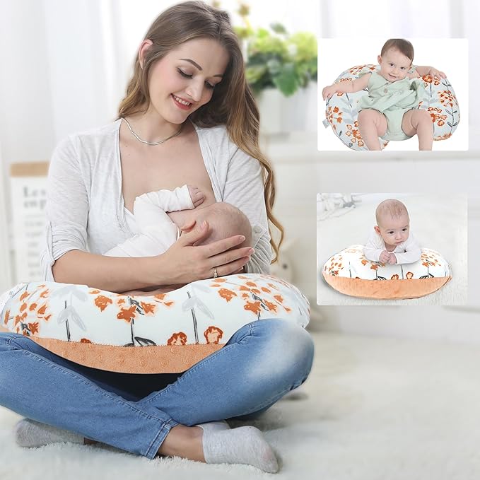 LAT Nursing Pillow for Breastfeeding with Removable Minky Cover,Ergonomic Breast Feeding Pillows for Mom and Baby,Machine Washable(Flowers+Orange)