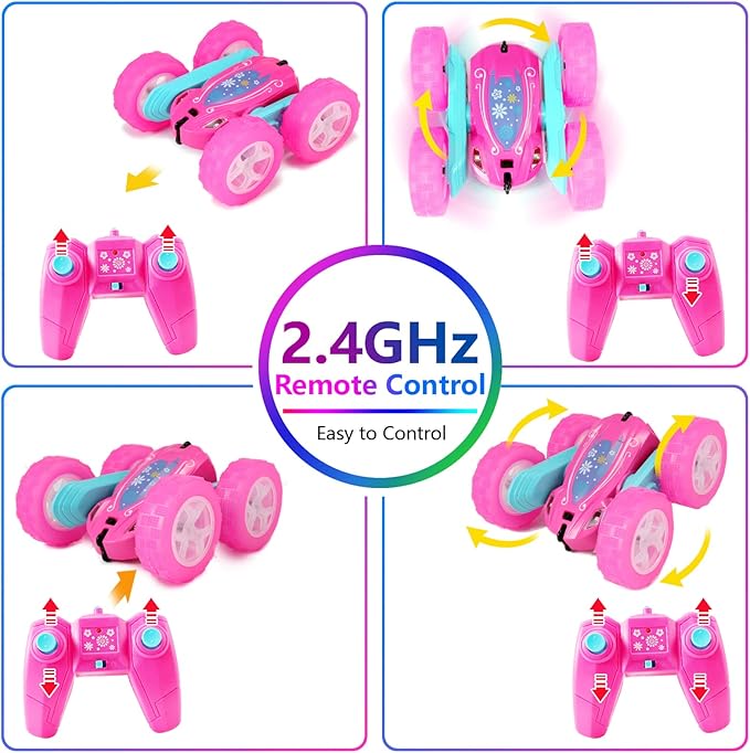 FREE TO FLY Remote Control Car for Girls : Pink RC Car Double Sided 360°Flip Stunt Cars with Headlights & WheelLights Rechargeable Toy Car Birthday Gifts for Girl Kids Age 6 7 8 9 10 11 12 Year Old