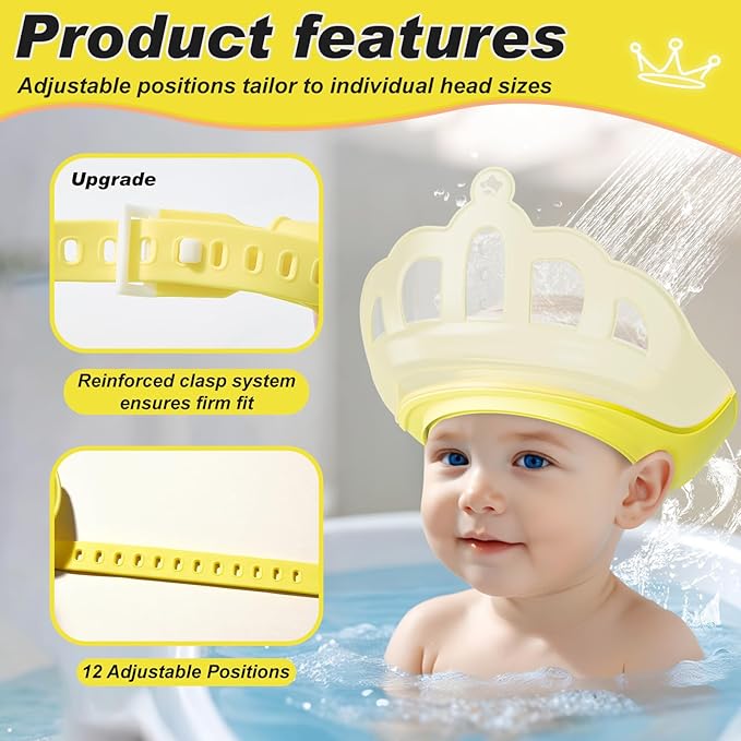Baby Shower Cap Shield for Kids Visor Hat for Eye and Ear Protection Adjustable for 0-9 Years Old Children Cute Crown Shape Makes Baby Bath More Fun