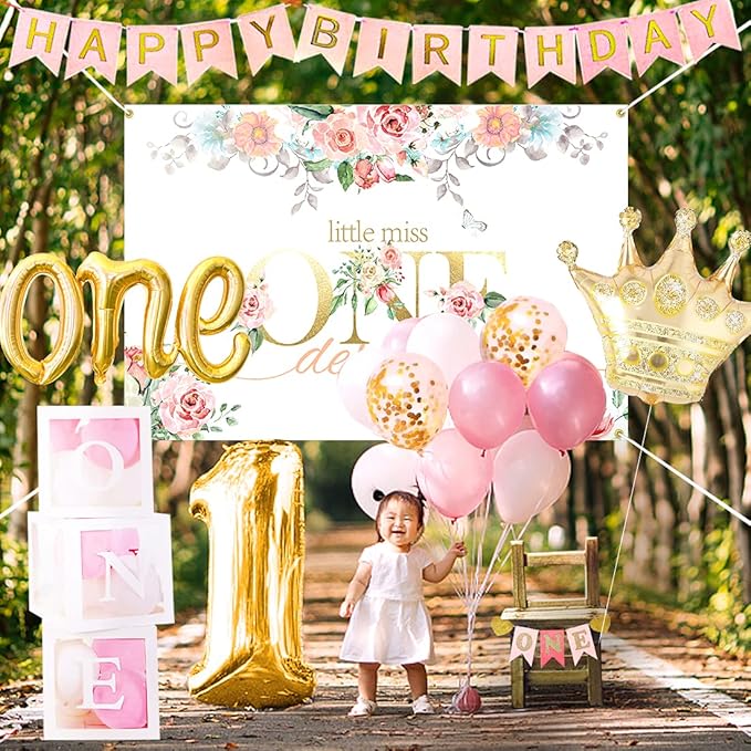 First Birthday Decorations Girl - 1st Birthday Baby Girl Decorations Include Balloons Box, Backdrop, Crown, Banner, High Chair Banner, Topper, Baby First One Year Old Girl Party Supplies