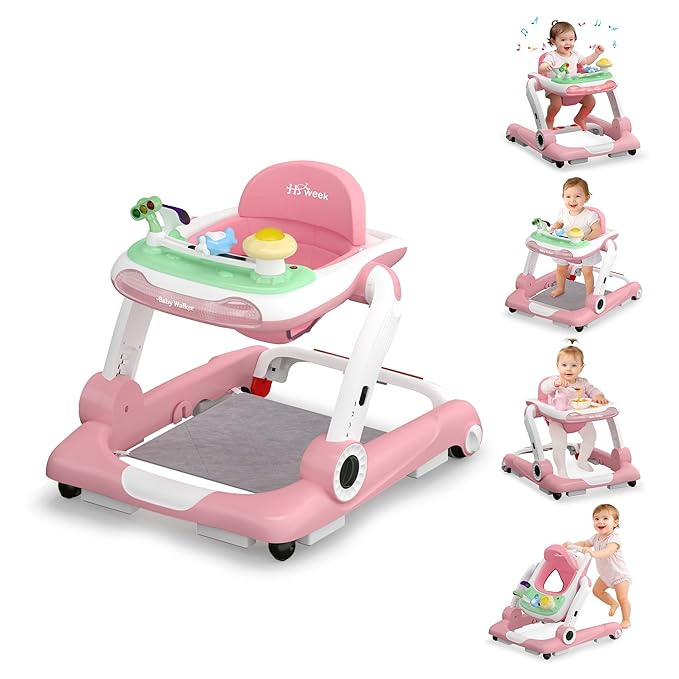 Baby Walker with Wheels, 5 in 1 Walker for Baby Boy Girl 6-12 Months with Bouncer, Music and Lights Baby Jumper Activity Center, Adjustable Height Speed, Push Walker for Ages 6-18 Months Toddler