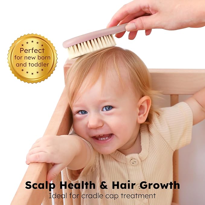 Yoofoss 4 Piece Baby Hair Brush and Comb Set，Wooden Baby Hair Brush with Natural Ultra Soft Goat Hair, Baby Comb Set for Boy, Girl - Pink