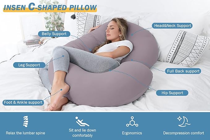 INSEN Pregnancy Pillows for Sleeping, Maternity Pillow with Cooling Cotton Cover, C Shaped for Pregnant Women (Purple Jersey)