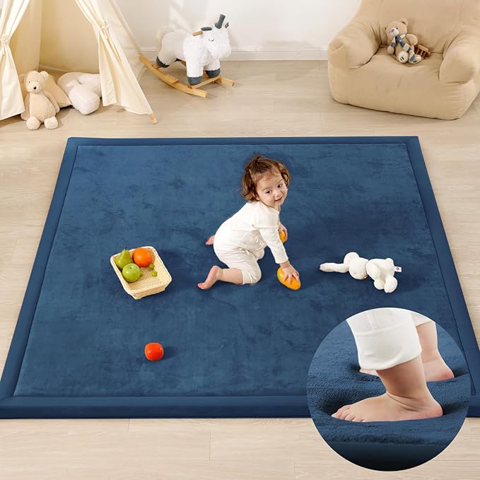1.3" Thick Baby Play Mat for Floor Playpen, 71x59 Large Foam Tummy Time Mat, Padded Support Soft Plush Nursery Rug for Infant Kids Toddler Crawling Kick Activity (Royal Blue)